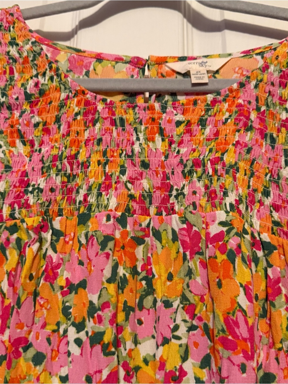 Terra & Sky Floral Smocked Top in Pink, Orange & Green - Picture 4 of 14